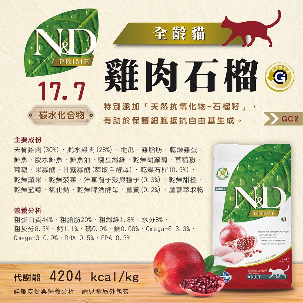 NDPRIME17.7全貓雞肉石榴升G碳水化合物特別添加「天然抗氧化物-石榴籽」, 有助於保護細胞抵抗自由基生成。GC2主要成份去骨雞肉(30%)、脫水雞肉(28%)、地瓜、雞脂肪、乾燥雞蛋、鯡魚、脫水鯡魚、鯡魚油、豌豆纖維、乾燥胡蘿蔔、苜蓿粉、菊糖、果寡醣、甘露寡醣(萃取自酵母)、乾燥石榴(0.5%)乾燥蘋果、乾燥菠菜、洋車前子殼與種子(0.3%)、乾燥甜橙、乾燥藍莓、氯化鈉、乾燥啤酒酵母、薑黃(0.2%)、蘆薈萃取物ADULT營養分析ND粗蛋白質44%、粗脂肪20%、粗纖維1.8%、水分8%、粗灰分8.5%、鈣1.1%、磷0.9%、鎂0.08%、Omega-6 3.3%、Omega-3 0.9%、DHA 0.5%、EPA 0.3%代謝能 4204 kcal/kg詳細成份與營養分析,請見產品外包裝minaPRIMEchicken and   und ricetta  e melograno  et grenadeNutrition System for   ADULT