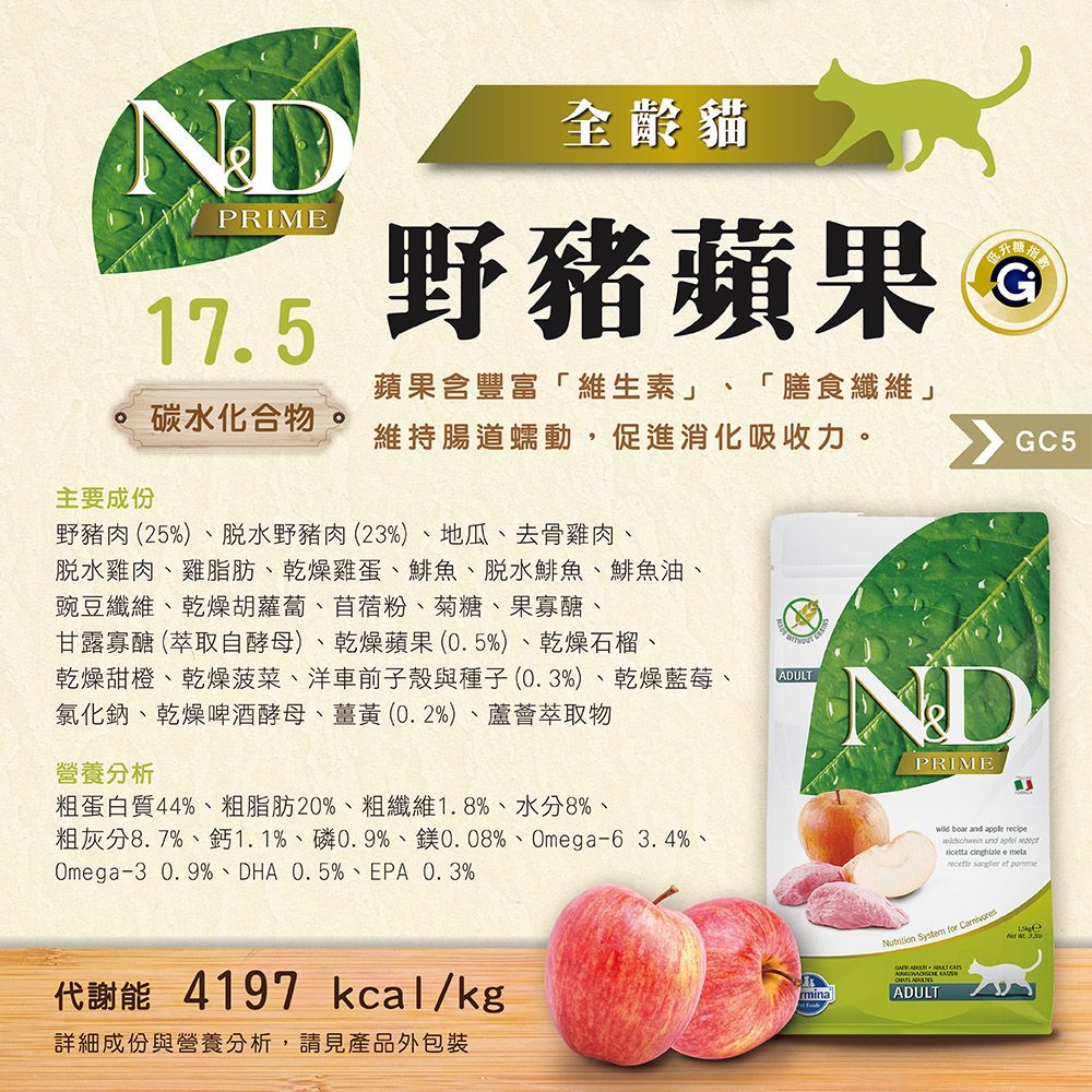 NDPRIME175全貓野豬蘋果 碳水化合物。蘋果含豐富「維生素」「膳食纖維」維持腸道蠕動,促進消化吸收力。GC5主要成份野豬肉(25%)脱水野豬肉(23%)、地瓜、去骨雞肉、脫水雞肉、雞脂肪、乾燥雞蛋、鯡魚、脫水鯡魚、鯡魚油、豌豆纖維、乾燥胡蘿蔔、苜蓿粉、菊糖、果寡醣、甘露寡醣(萃取酵母)、乾燥蘋果(0.5%)、乾燥石榴、乾燥甜橙、乾燥菠菜、洋車前子殼與種子(0.3%)、乾燥藍莓、氯化鈉、乾燥啤酒酵母、薑黃(0.2%)、蘆薈萃取物ADULT營養分析NDPRIME粗蛋白質44%、粗脂肪20%、粗纖維1.8%、水分8%、粗灰分8.7%、鈣1.1%、磷0.9%、鎂0.08%、Omga-6 3.4%、Omega-3 0.9%、DHA0.5%、EPA、0.3% boar and apple recipe und    e recette  et 代謝能 4197 kcal/kg詳細成份與營養分析,請見產品外包裝mina System for  ADULT .