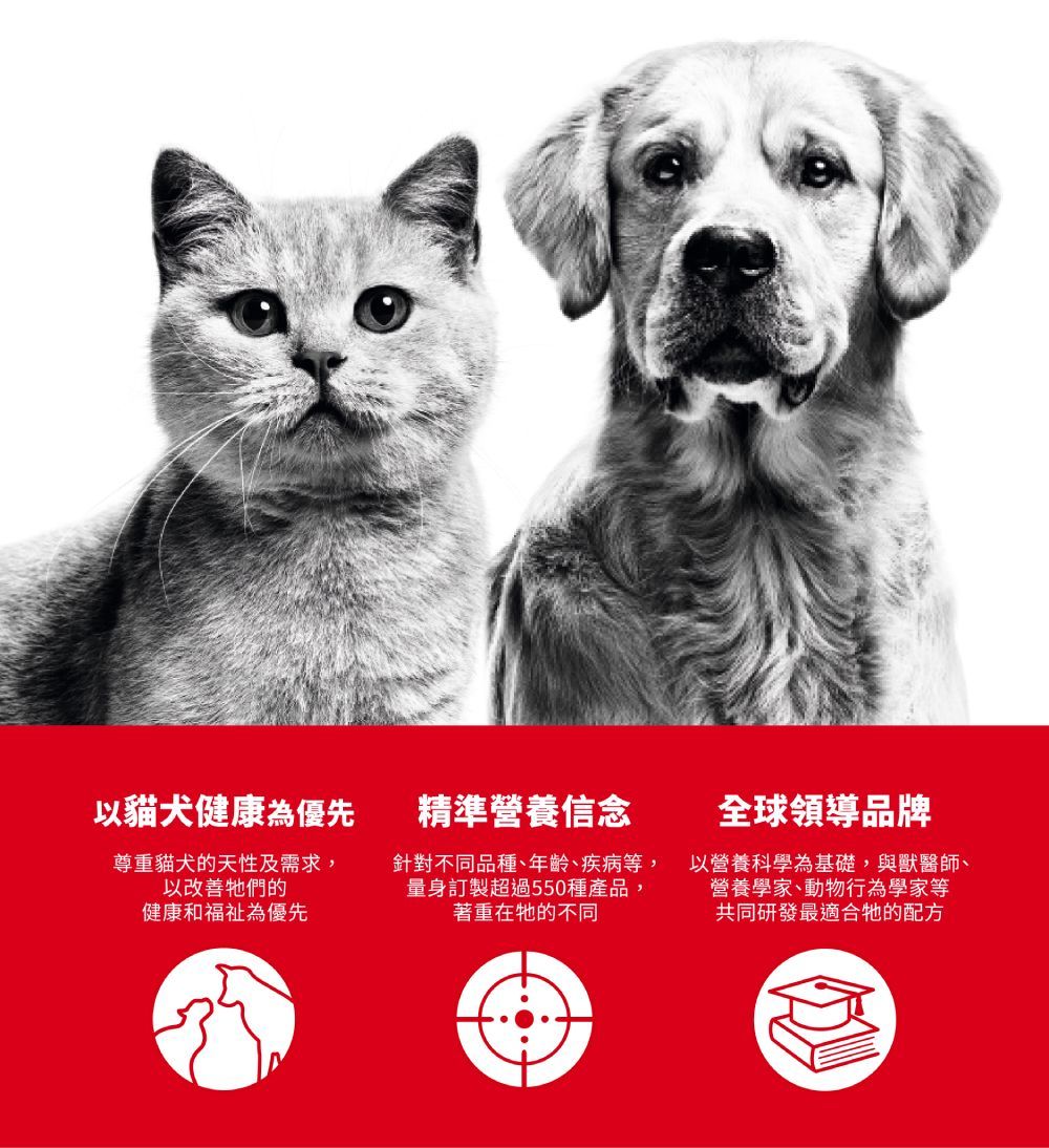 以貓犬健康為優先尊重貓犬的天性及需求,以改善牠們的健康和福祉為優先精準營養信念針對不同品種、年齡、疾病等,量身訂製超過550種產品,著重在牠的不同全球領導品牌以營養科學為基礎,與獸醫師、營養學家、動物行為學家等共同研發最適合牠的配方