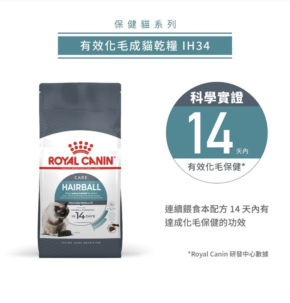 保健貓系列有效化毛成貓乾糧 IH34ROYAL CAN  SINCE 科學實證14天內有效化毛保健*CAREHAIRBALLHelps reduce       de  de       di PROVEN RESULTS FORMATIONIN 14DAYSFELINE CARE 連續餵食本配方14 天内有達成化毛保健的功效*Royal Canin 研發中心數據