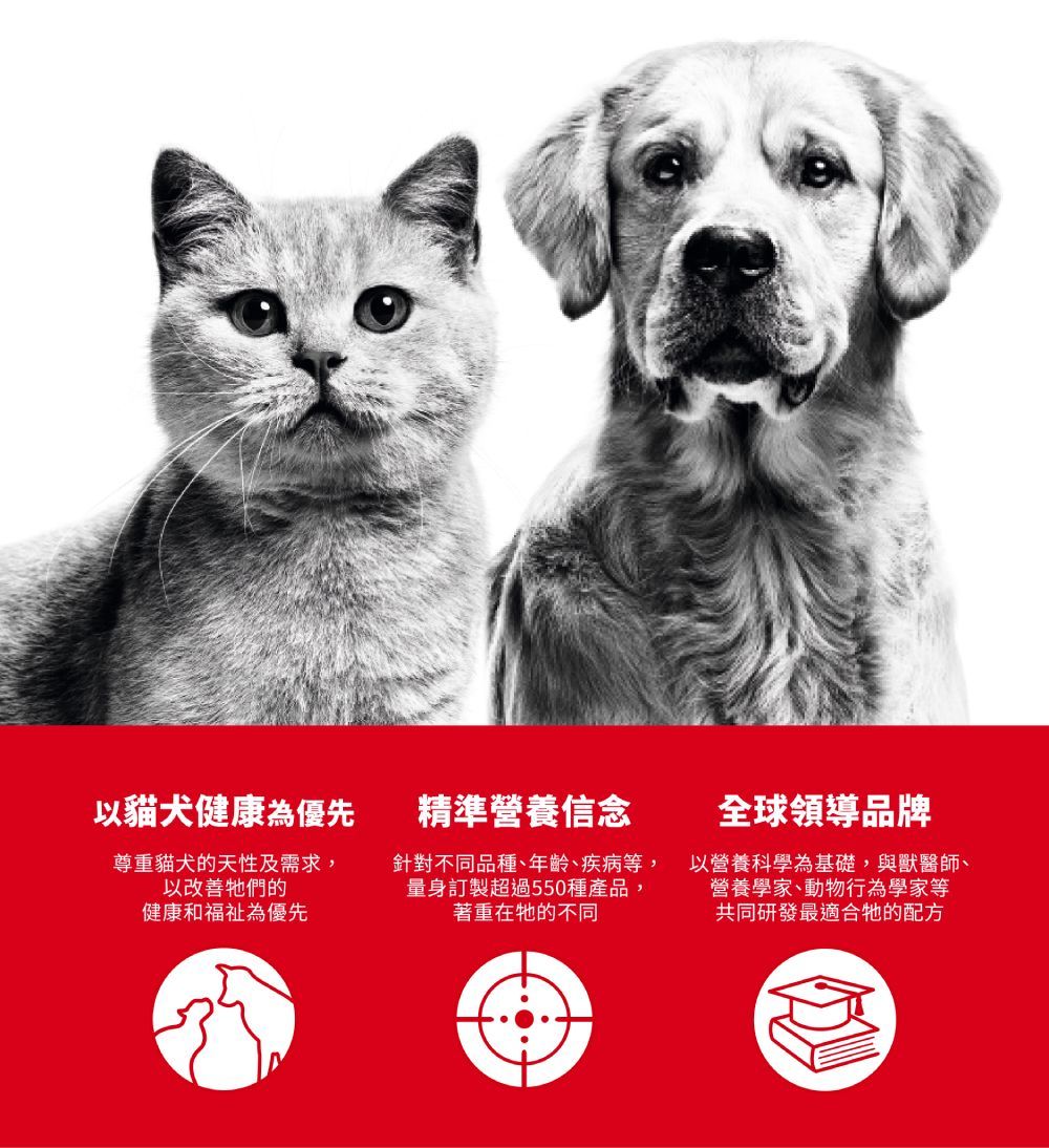 以貓犬健康為優先尊重貓犬的天性及需求,以改善牠們的健康和福祉為優先精準營養信念針對不同品種、年齡、疾病等,量身訂製超過550種產品,著重在牠的不同全球領導品牌以營養科學為基礎,與獸醫師、營養學家、動物行為學家等共同研發最適合牠的配方