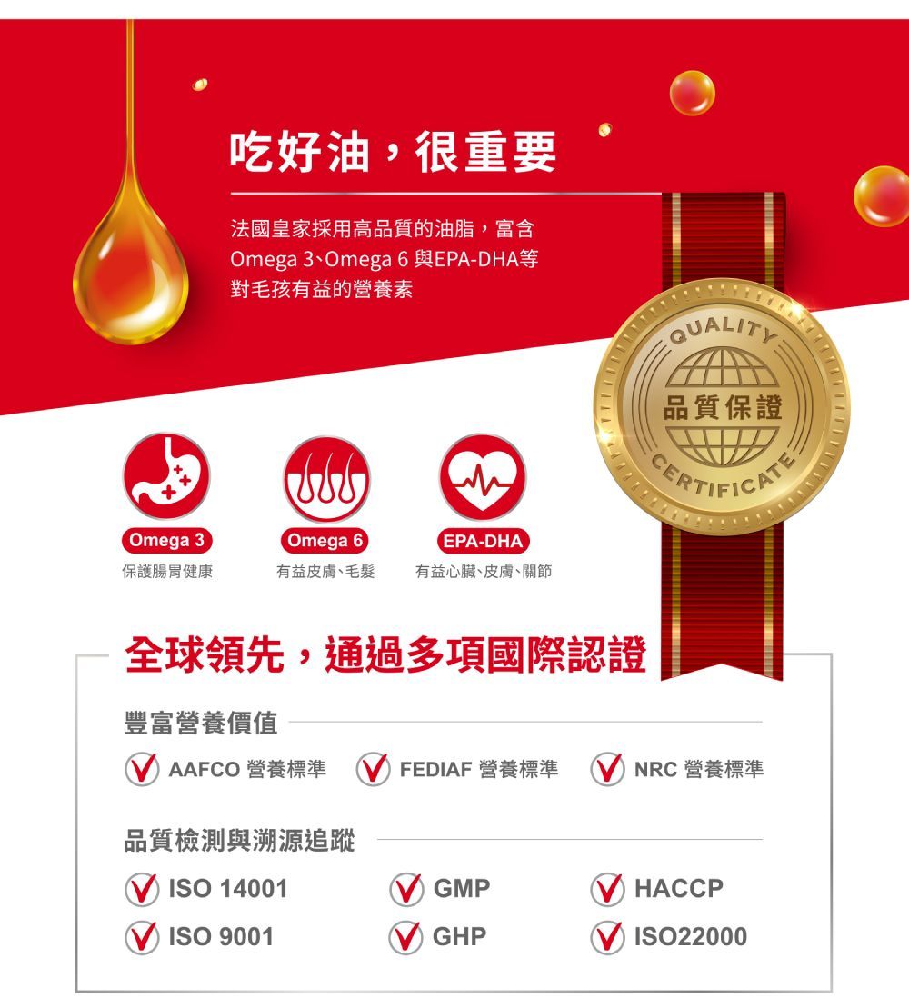 吃好油,很重要法國皇家採用高品質的油脂,富含Omega Omega 6 與EPA-DHA等對毛孩有益的營養素Omega 3 Omega 6EPA-DHA保護腸胃健康有益皮膚、毛髮 有益心臟、皮膚、關節全球領先,通過多項國際認證QUALITY品質保證CERTIFICATE豐富營養價值AAFCO 營養標準  FEDIAF 營養標準NRC 營養標準品質檢測與溯源追蹤ISO 14001ISO 9001GMPHACCPGHPISO22000