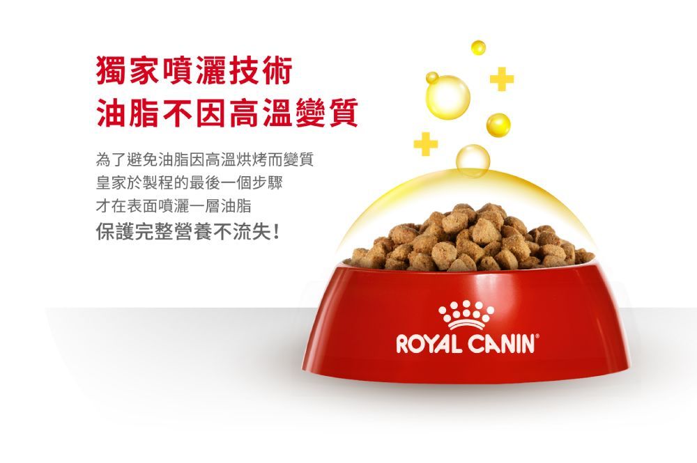 獨家噴灑技術油脂不因高溫變質為了避免油脂因高溫烘烤而變質皇家於製程的最後一個步驟才在表面噴灑一層油脂保護完整營養不流失!ROYAL CANIN®