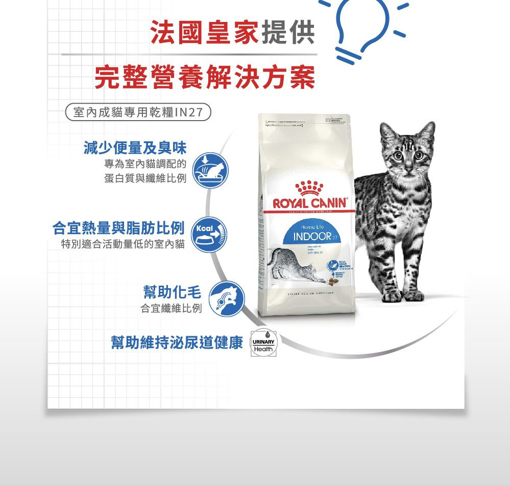 法國皇家提供完整營養解決方案室內成專用乾糧IN27減少便量及臭味專為室內貓調配的蛋白質與纖維比例合宜熱量與脂肪比例特別適合活動量低的室內貓ROYAL CANIN INDOOR幫助化毛合宜纖維比例幫助維持泌尿道健康URINARYHealth