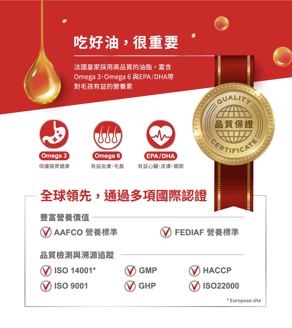 吃好油,很重要法國皇家採用高品質的油脂,富含Omega 3Omega 6 與EPA/DHA等對毛孩有益的營養素QUALITY品質保證Omega 3CERTIFICATEOmega 6EPA/DHA保護腸胃健康有益皮膚、毛髮 有益心臟、皮膚、關節全球領先,通過多項國際認證豐富營養價值 AAFCO 營養標準FEDIAF 營養標準品質檢測與溯源追蹤ISO 14001GMPHACCPISO 9001GHPISO22000* European site