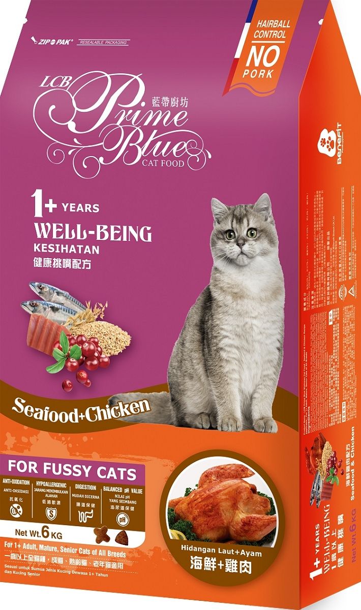 PAKREEALALE PACKAGING YEARSCAT OODBEINGKESIHATAN康配方HAIRBALLCONTROLNOPORKB- - ર મ ના ની િ શેષ કાSeafoodChickenFOR FUSSY CATS-OXIDATIONANTI- DIGESTIONMUDAH BALANCED  VALUE YANG HYPOALLERGENICALAHAN抗氧化低過敏健保健保健FSNet Wt.6KGFor 1 Adult Mature, Senior Cats of All Breeds一歲以上全,、熟齡貓、老年貓適用 untuk Sumua Jenis Kucing Dewasa 1+ Tahundan Kucing SeniorHidangan Laut+Ayam海++YEARSWELL-BEING鮮雞肉配方Seafood & Chicken