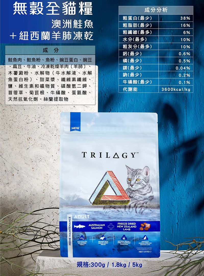 無穀全貓糧成分分析粗蛋白(最少)38%澳洲鮭魚粗脂肪(最少)16%+紐西蘭羊肺凍乾粗纖維(最多)6%水分(最多)10%粗灰分(最多)10%成分鈣(最少)06%鮭魚肉鮭魚粉、魚粉、豌豆蛋白、豌豆、扁豆、牛油、冷凍乾燥羊肉(羊肺)、木薯澱粉、水解物(牛水解液、水解魚蛋白粉)、甜菜漿、纖維素纖維鹽、維生素和礦物質、磷酸氫二鉀、苜蓿草、菊苣根、牛磺酸、蛋氨酸、天然抗氧化劑、絲蘭提取物鎂(最少)鈉(最少)磷(最少)0.5%0.04%0.2%牛磺酸(最少)代謝能0.1%3600kcal/kgPRIME MAINTENANCENEWADULTTRILAG AUSTRALIANSALMONFREEZE DRIEDNEW ZEALANDLAMB .   NET  KG 規格:300g/1.8kg / 5kg