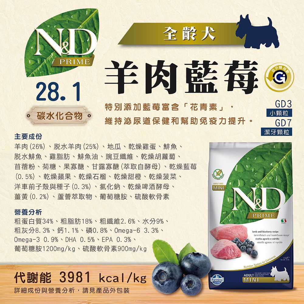 NDPRIME全齡犬羊肉藍莓28.1碳水化合物  維持泌尿道保健和幫助免疫力提升。特別添加藍莓富含「花青素」,GGD3小顆粒GD7潔牙顆粒主要成份羊肉(26%)脫水羊肉(25%)地瓜、乾燥雞蛋、鯡魚、脫水鯡魚、雞脂肪、鯡魚油、豌豆纖維、乾燥胡蘿蔔、苜蓿粉、菊糖、果寡醣、甘露寡醣(萃取自酵母)、乾燥藍莓(0.5%)、乾燥蘋果、乾燥石榴、乾燥甜橙、乾燥菠菜、洋車前子殼與種子(0.3%)、氯化鈉、乾燥啤酒酵母、薑黃(0.2%)、蘆薈萃取物、葡萄糖胺、硫酸軟骨素營養分析粗蛋白質34%、粗脂肪18%、粗纖維2.6%、水分9%、粗灰分8.3%、鈣1.1%、磷0.8%、Omga-6 3.3%、Omega-3 0.9%、DHA、0.5%、EPA、0.3%、葡萄糖胺1200mg/kg、硫酸軟骨素900mg/kg代謝能 3981 kcal/kg詳細成份與營養分析,請見產品外包裝 MININDPRIMElamb and blueberry recipe und    e recette  et  System for FarminaADULTMINI