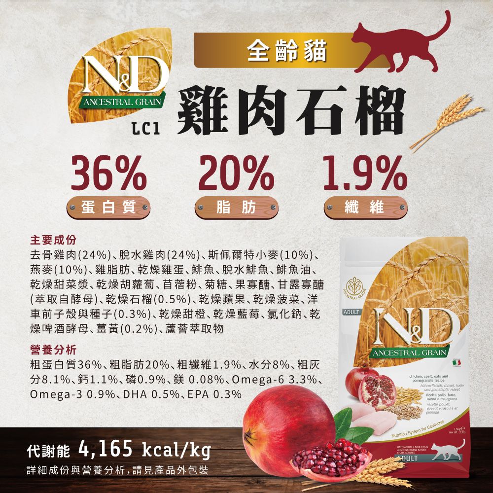 C GRAINLC1全齡貓雞肉石榴36% 20%1.9%蛋白質脂肪主要成份纖維去骨雞肉(24%)脫水雞肉(24%)斯佩爾特小麥(10%)燕麥(10%)雞脂肪乾燥雞蛋鯡魚脫水鯡魚鯡魚油、乾燥甜菜漿、乾燥胡蘿蔔、苜蓿粉、菊糖、果寡醣、甘露寡醣(萃取自酵母)、乾燥石榴(0.5%)、乾燥蘋果、乾燥菠菜、洋車前子殼與種子(0.3%)、乾燥甜橙、乾燥藍莓、氯化鈉、乾燥啤酒酵母、薑黃(0.2%)、蘆薈萃取物營養分析粗蛋白質36%、粗脂肪20%、粗纖維1.9%、水分8%、粗灰分8.1%、鈣1.1%、磷0.9%、0.08%Omga-63.3%、Omega-30.9%、DHA0.5%、EPA 0.3%ESTRALADULTNDANCESTRAL GRAINchicken spelt, oats andpomegranate recipe, , und  ricta , famoavena e melograno ,  etNutrition System for 代謝能 4,165 kcal/kg詳細成份與營養分析,請見產品外包裝  ANDULT