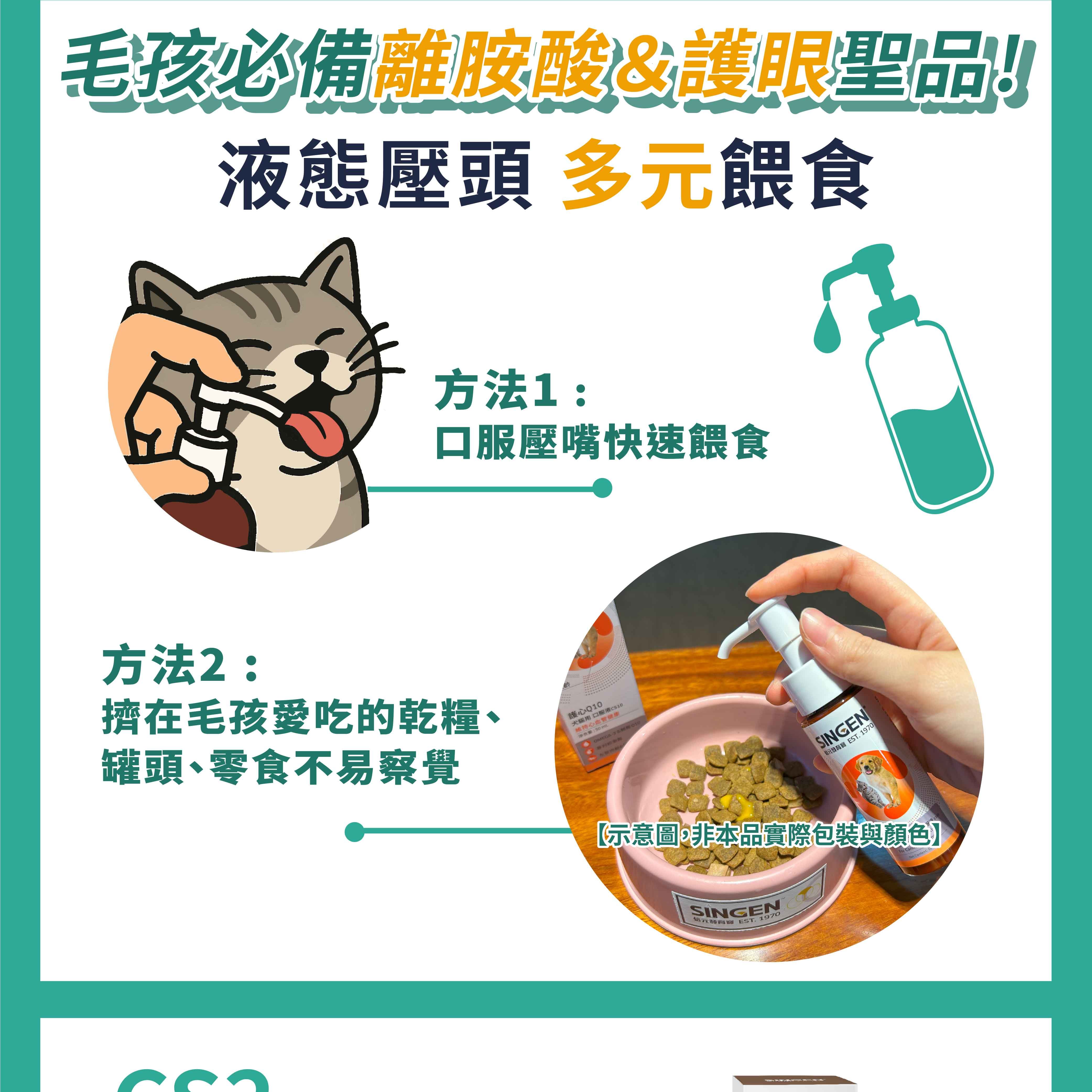 毛孩必備離胺酸&護眼聖品!!液態壓頭 多元餵食方法1服壓嘴快速餵食方法2擠在毛孩愛吃的乾糧、罐頭、零食不易察覺護心Q10犬貓用口服液維持心血管健康淨含量:OMEGA SINGEN發育 EST. 1970【示意圖,非本品實際包裝與顏色SINGEN元發育 EST. 1970  ontent: C