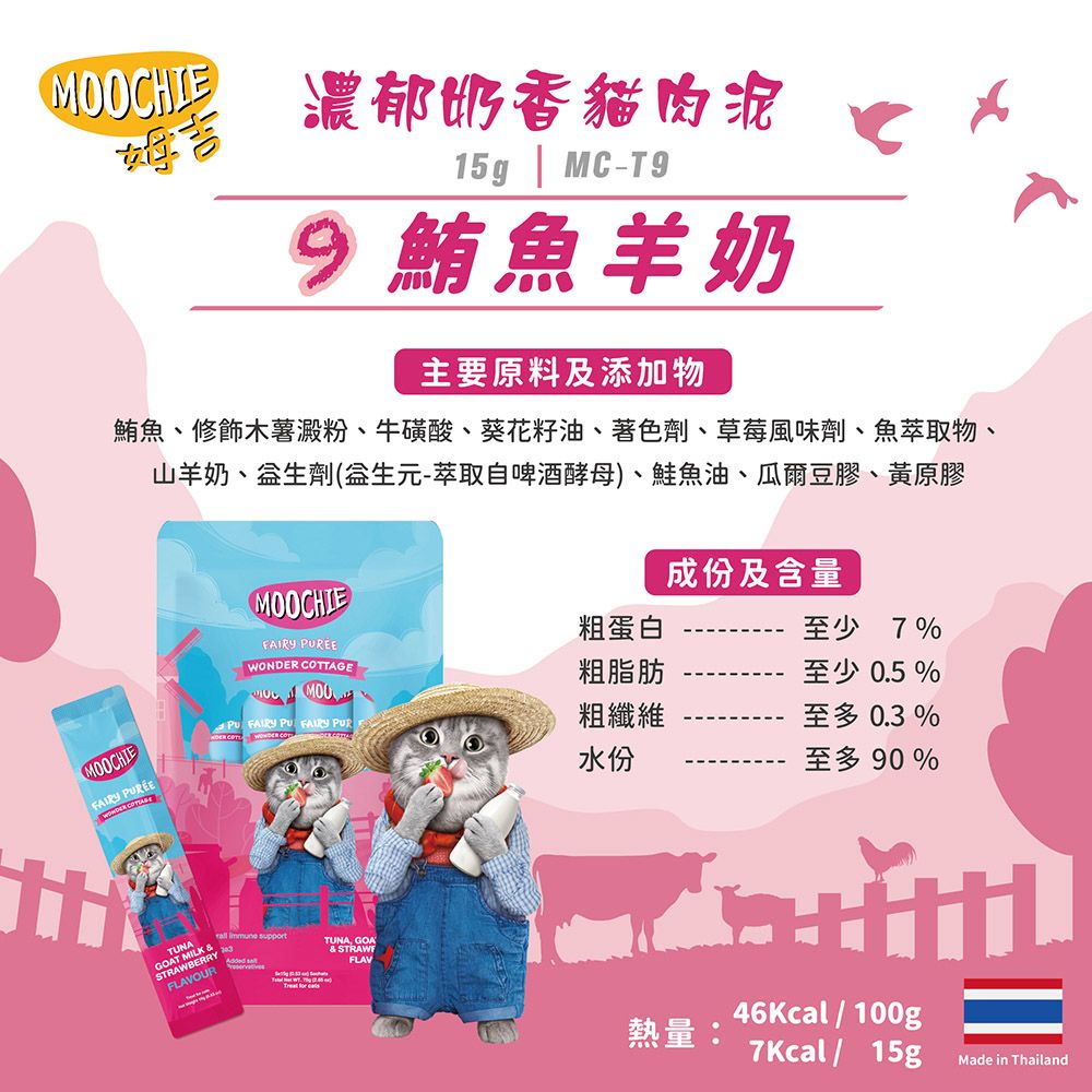MOOCHIE 濃郁奶香貓肉泥15g | MCT99 鮪魚羊奶主要原料及添加物鮪魚、修飾木薯澱粉、牛磺酸、葵花籽油、著色、草莓風味劑、魚萃取物、山羊奶、生劑(生元-萃取自啤酒酵母)、鮭魚油、爾豆膠、黃原膠MOOCHIE  MILK &STRAWBERRYFLAVOUR成份及含量MOOCHIEFAIRY REE TTAGE粗蛋白至少7%粗脂肪至少 0.5 % FAIRY PU FAIRY PUR粗纖維至多 0.3 %WONDER CO水份至多 90%  support TUNA, & STRAWTFLAV熱量46Kcal / 100g7Kcal/15gMade in Thailand