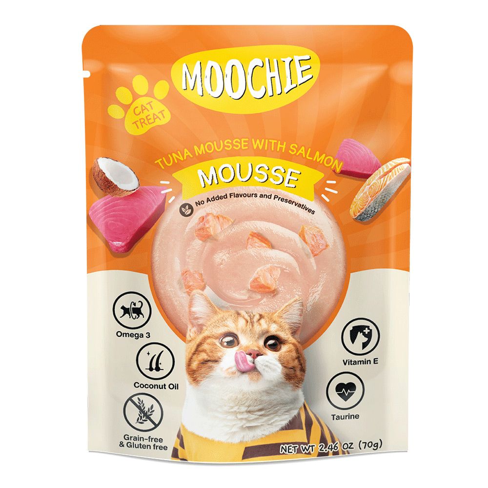 CTTREATTUNAMOOCHIEA MOUSSE WITH SALMONMOUSSENo Added Flavours and PreservativesOmega 3Coconut OilVitamin ETaurineGrain-free& Gluten freeNET WT   (70g)