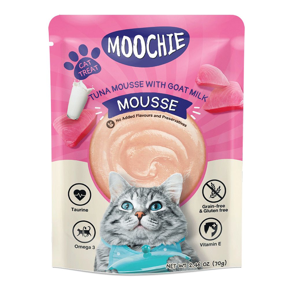 TaurineCATTREATMOOCHIETUNA MOUSSE WITH GOAT MILKNoAdded Flavours and PreservativesGrain-free& Gluten freeOmega 3Vitamin ENET WT 2.46  (70g)