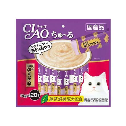 日本CIAO-啾嚕貓咪營養肉泥幫助消化寵物補水流質點心-鰹魚扇貝20入/紅紫袋(綠茶消臭,液狀零食,獨立包裝)SC-192