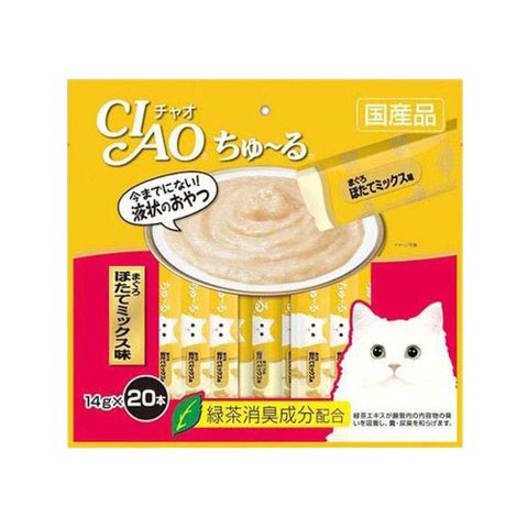 日本CIAO-啾嚕貓咪營養肉泥幫助消化寵物補水流質點心-鮪魚扇貝20入/黃紅袋(綠茶消臭,液狀零食,獨立包裝)SC-129