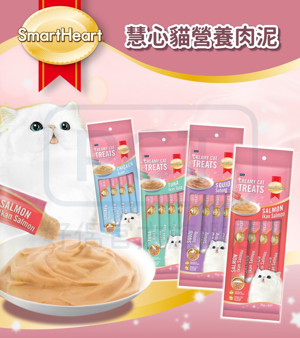 SALMONka Salmont 慧心貓營養肉泥CREAMY CATCHICKENAyamTUNA  TunaCREAMY CATTREATSarTUNA TunaCREAMY CATTREATSSmartHeSQUIDSotongCREAMY CATTREATSSALMONIkan Salmon15g  4SALMONIkan SalmSalmonIkan SalmonTREATS15gx4n SalmonTREATS