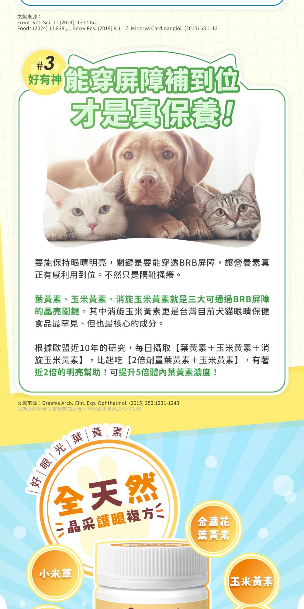 文獻來源:Front. Vet. Sci.  (2024):1337062.Foods (2024) 13:838J. Berry Res. (2019) 9:1-17, Minerva Cardioangiol. (2015) 63:1-12#3穿屏障補到位才是真保養!要能保持眼睛明亮,關鍵是要能穿透BRB屏障,讓營養素真正有感利用到位。不然只是隔靴搔癢。葉黃素、玉米黃素、消旋玉米黃素就是大可通過BRB屏障的晶亮關鍵。其中消旋玉米黃素更是台灣目前犬貓眼睛保健食品最罕見、但也最核心的成分。根據歐盟近10年的研究,每日攝取【葉黃素+玉米黃素+消旋玉米黃素】,比起吃【2劑量葉黃素+玉米黃素】 有著,近2倍的明亮幫助!可提升5倍葉黃素濃度!文獻來源:Graefes Arch. Clin. Exp. Ophthalmol. (2015) 253:1231-1243此為原料符合之實驗數據呈現,非代表本產品之任何功效眼光黃素全天然三晶采護眼複方三金盞花小米草葉黃素玉米黃素