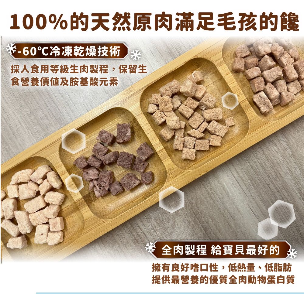 100%的天然原肉滿足毛孩的饞-60℃冷凍乾燥技術採食用等級生肉製程,保留生食營養價值及胺基酸元素 全肉製程 給寶貝最好的擁有良好嗜口性,低熱量、低脂肪提供最營養的優質全肉動物蛋白質