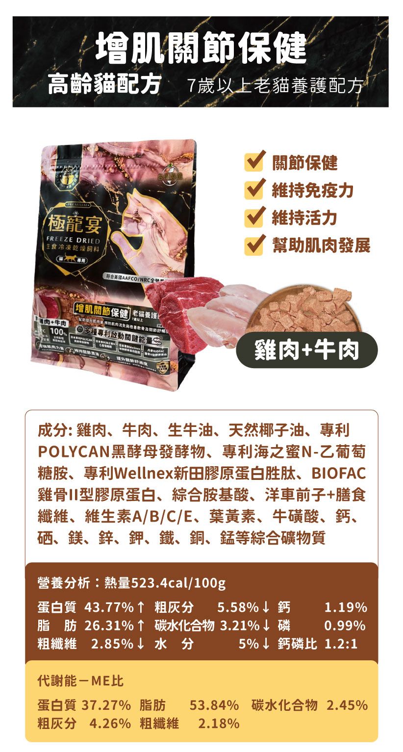 增肌關節保健高齡貓配方 老貓養護配方極宴FREEZE DRIED 冷凍乾燥飼料AAFCONRC/肌關節保健 老貓養護7歲以上流失與改善雞+牛肉 100多種專利啟動關鍵量肉力量提升能關節保健維持免疫力維持活力幫助肌肉發展雞肉+牛肉成分:雞肉、牛肉、生牛油、天然椰子油、專利POLYCAN黑酵母發酵物、專利海之蜜N-乙葡萄糖胺、專利Wellnex新田膠原蛋白胜肽、BIOFAC雞骨II型膠原蛋白、綜合胺基酸、洋車前子+膳食纖維、維生素A/B/C/E、葉黃素、牛磺酸、鈣、硒、鎂、鋅、鉀、鐵、銅、錳等綜合礦物質營養分析:熱量523.4cal/100g蛋白質 43.77%↑ 粗灰分 5.58%↓鈣脂肪 26.31%↑ 碳水化合物3.21%↓磷粗纖維 2.85%↓水分1.19%0.99%5%↓鈣磷比 1.2:1代謝能-ME比蛋白質 37.27% 脂肪53.84% 碳水化合物 2.45%粗灰分 4.26% 粗纖維2.18%