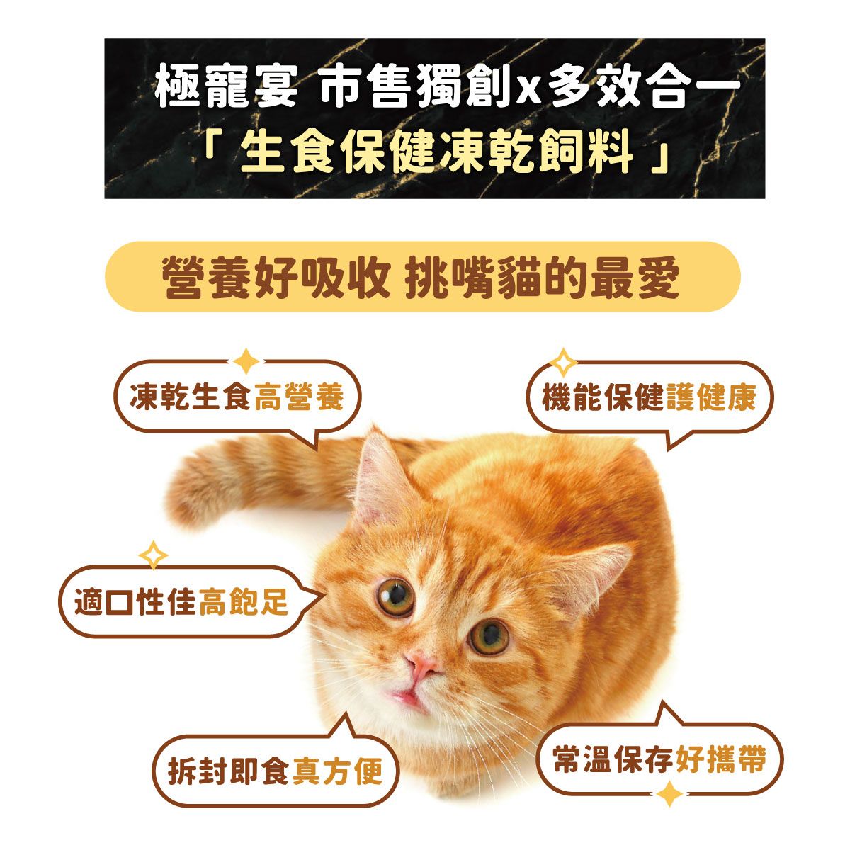 極寵宴 市售獨創x多效合一生食保健凍乾飼料」營養好吸收 挑嘴貓的最愛凍乾生食高營養機能保健護健康適口性佳高飽足拆封即食真方便常溫保存好攜帶