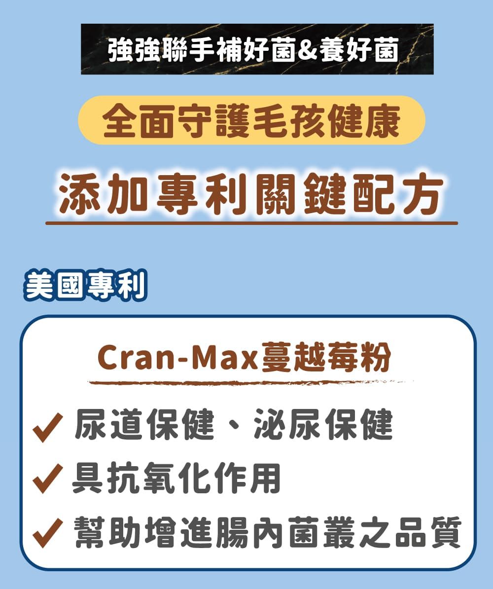 聯手補好菌&養好菌全面守護毛孩健康添加專利關鍵配方美國專利Cran-Max蔓越莓粉 尿道保健、泌尿保健√抗氧化作用√ 幫助增進腸內菌叢之品質