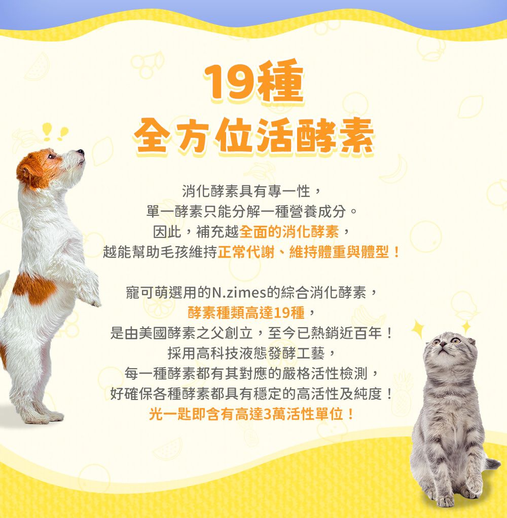 19種全方位活酵素消化酵素具有專一性,單一酵素只能分解一種營養成分。因此,補充越全面的消化酵素,越能幫助毛孩維持正常代謝、維持體重與體型!寵可萌選用的N.zimes的綜合消化酵素,酵素種類高達19種,是由美國酵素之父創立,至今已熱銷近百年!採用高科技液態發酵工藝,每一種酵素都有其對應的嚴格活性檢測,好確保各種酵素都具有穩定的高活性及純度!光一匙即含有高達3萬活性單位!