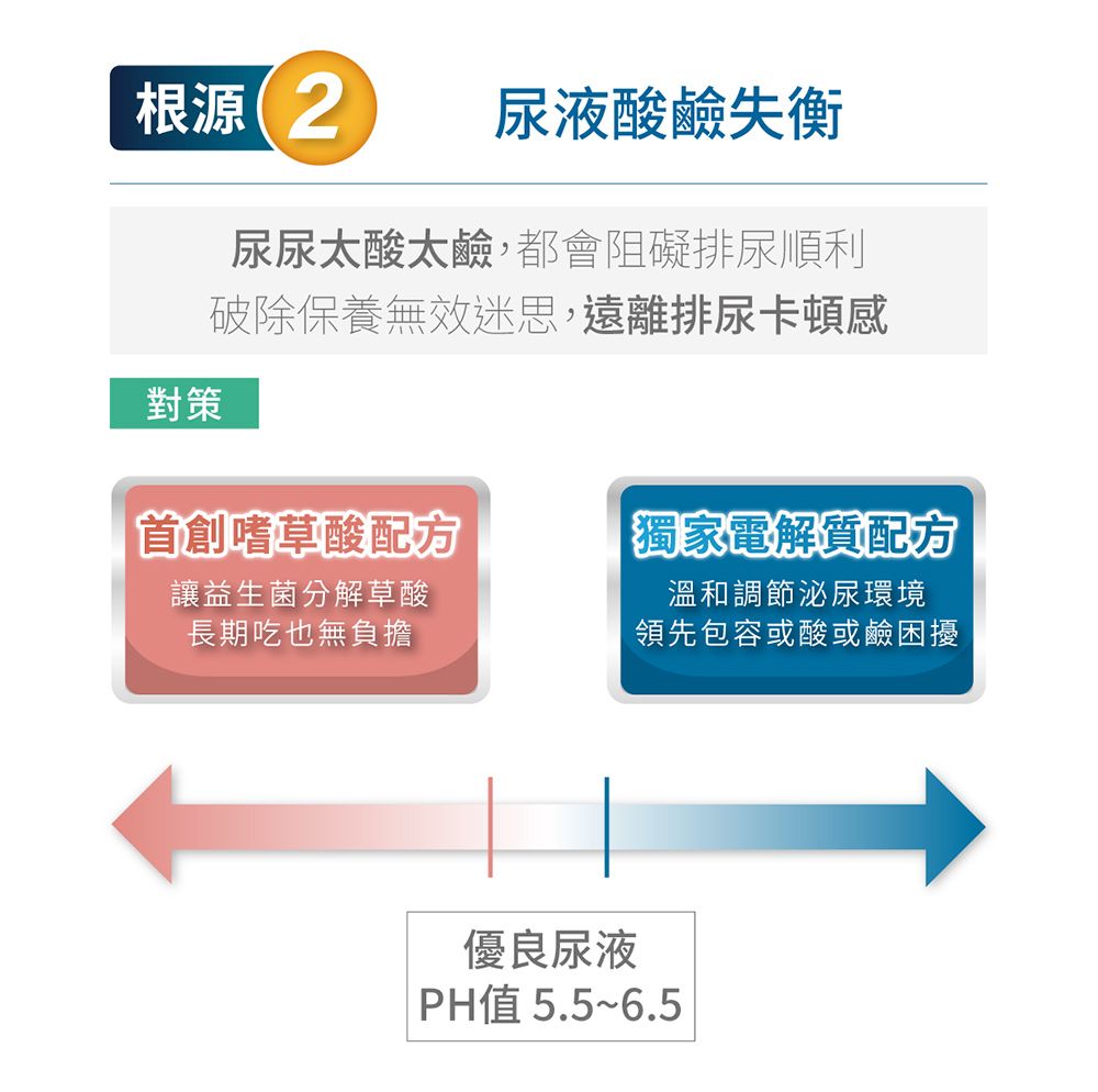 根源2尿液酸鹼失衡對策尿尿太酸太鹼,都會阻礙排尿順利破除保養無效迷思,遠離排尿卡頓感首創嗜草酸配方獨家電解質配方讓益生菌分解草酸長期吃也無負擔溫和調節泌尿環境領先包容或酸或鹼困擾優良尿液PH值5.5~6.5