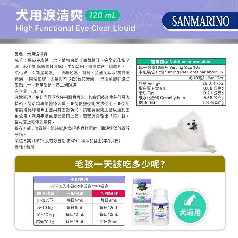 犬用清爽 120 mLHigh Functional Eye Clear Liquid品名犬用清爽成分:異麥芽寡糖、水、植物油粉葡萄糖漿、完全氫化椰子油、乳化劑(脂肪酸甘油酯)、牛奶蛋白、檸檬酸鈉、磷酸鉀、二氧化矽、胡蘿蔔素〕 焦糖色素、香料、金盞花萃取物(含葉黃素)、阿拉伯膠、山籽萃取物(含花青素)、聚山梨醇酐脂肪酸酯六十、苯甲酸鈉、己二烯酸鉀內容量:120mL注意事項: 產品不含任何醫療療效如食用後產生任何發炎情形,洽詢專業醫療人員。 請依照使用方法使用。 使用前請均勻上蓋具有密封功能,請確實緊閉上蓋以達到密封效果。利用手掌或雙指緊閉上蓋,蓋緊時會發出「喀」聲,最後蓋上乾淨的量杯。保存方式:放置陰涼乾燥處,避免陽光直接照射,開罐後須放置於冰箱。製造日期 (MFD)及有效日期(EXP):標示於盒上(年/月/日)產地:台灣營養標示 Nutrition Information每一份量10毫升 Serving Size 10ml本包裝含12份 Serving Per Container About 12每10毫升 Per 10ml熱量 Energy蛋白質 Protein脂肪 Fat碳水化合物 Carbohydrate鈉 Sodium25 大卡kcal0.08公克g0.21 公克g5.68公克g1.8毫克mg毛孩一天該吃多少呢?使用方法※可加入少許水中或食物中餵食適用體重一般保養加強保健SANMARINO5 kg以下每日5mL每日8mL5~10 kg10~20 kg超過20 kg每日8mL每日12mL每日12mL每日16mL每日16mL每日20mL犬適用