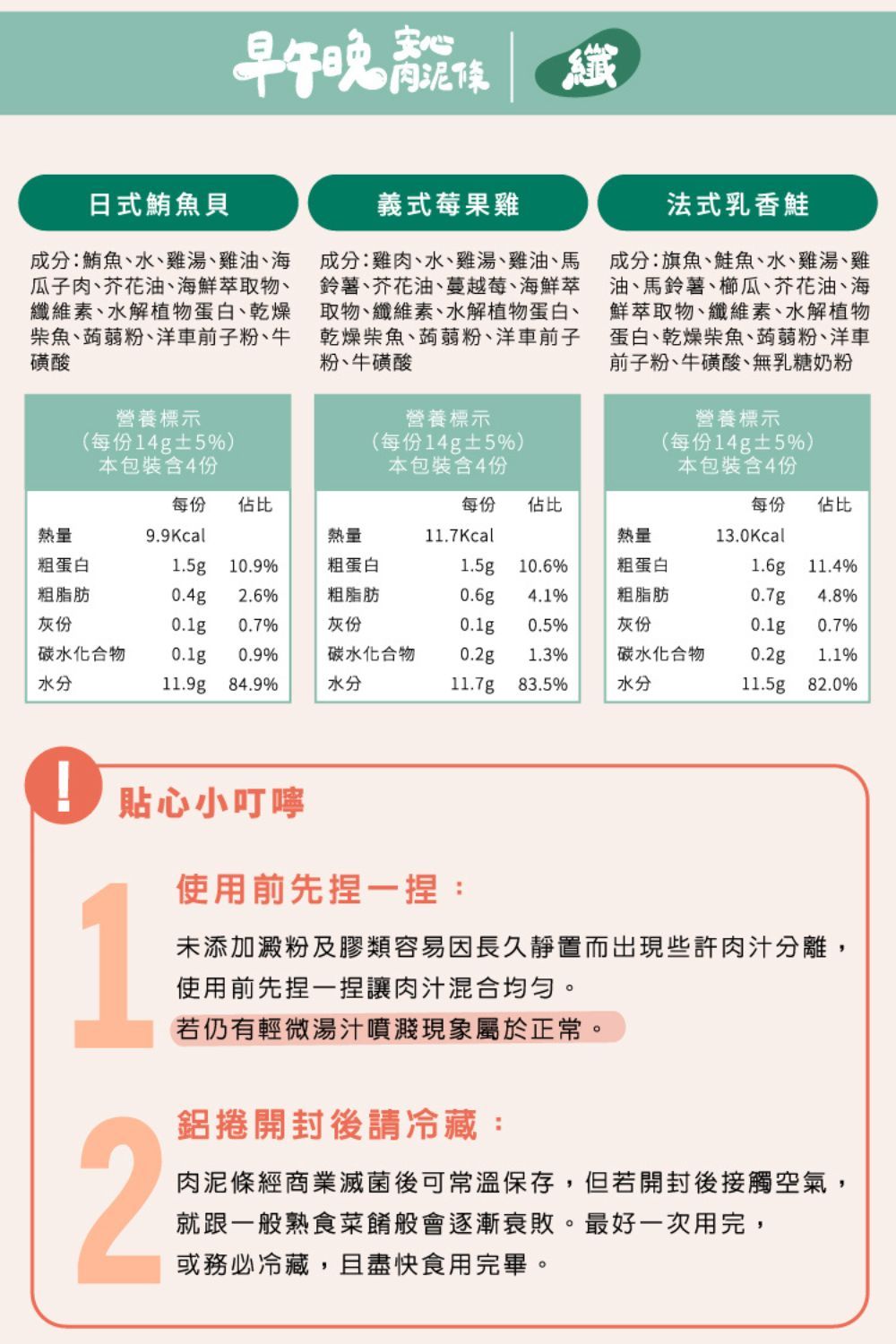 早午晚纖日式鮪魚貝成分:鮪魚、水、雞湯、雞油、海瓜子肉、芥花油、海鮮萃取物、纖維素、水解植物蛋白、乾燥柴魚、蒟蒻粉、洋車前子粉、牛磺酸義式莓果雞成分:雞肉、水、雞湯、雞油、馬鈴薯、芥花油、蔓越莓、海鮮萃取物、纖維素、水解植物蛋白、乾燥柴魚、蒟蒻粉、洋車前子粉、牛磺酸營養標示法式乳香成分:旗魚、鮭魚、水、雞湯、雞油、馬鈴薯、櫛瓜、芥花油、海鮮萃取物、纖維素、水解植物蛋白、乾燥柴魚、蒟蒻粉、洋車前子粉、牛磺酸、無乳糖奶粉營養標示營養標示(每份14g±5%)(每份14g±5%)本包裝含4份本包裝含4份(每份14g±5%)本包裝含4份每份 佔比每份佔比每份 佔比熱量9.9Kcal熱量11.7Kcal熱量13.0Kcal粗蛋白1.5g 10.9%粗蛋白1.5g10.6%粗蛋白1.6g11.4%粗脂肪0.4g灰份0.1g2.6%0.7%粗脂肪0.6g4.1%粗脂肪0.7g4.8%灰份0.1g0.5%灰份0.1g0.7%碳水化合物水分0.1g 0.9%碳水化合物0.2g1.3%11.9g 84.9%水分11.7g 83.5%碳水化合物水分0.2g 1.1%11.5g 82.0%貼心小叮嚀2使用前先捏一捏:未添加澱粉及膠類容易因長久靜置而出現些許肉汁分離,使用前先捏一捏讓肉汁混合均匀。若仍有輕微湯汁噴濺現象屬於正常。鋁捲開封後請冷藏:肉泥條經商業滅菌後可常溫保存,但若開封後接觸空氣,就跟一般熟食菜餚般會逐漸衰敗。最好一次用完,或務必冷藏,且盡快食用完畢。