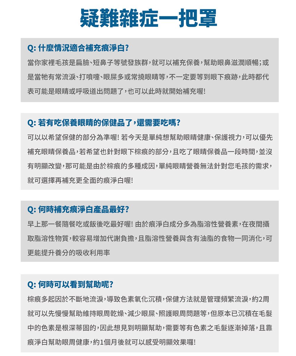 疑難雜症一把罩Q: 什麼情況適合補充痕淨白?當你家裡毛孩是扁臉、短鼻子等號發族群,就可以補充保養,幫助眼鼻滋潤順暢;或是當牠有常、打噴嚏、眼屎多或常撓眼睛等,不一定要等到眼下痕跡,此時都代表可能是眼睛或呼吸道出問題了,也可以此時就開始補充喔!Q:若有吃保養眼睛的保健品了,還需要吃嗎?可以以希望保健的部分為準喔!若今天是單純想幫助眼睛健康、保護視力,可以優先補充眼睛保養品,若希望也針對眼下棕痕的部分,且吃了眼睛保養品一段時間,並沒有明顯改變,那可能是由於棕痕的多種成因,單純眼睛營養無法針對您毛孩的需求,就可選擇再補充更全面的痕淨白喔!Q:何時補充痕淨白產品最好?早上那一餐餐吃或飯後吃最好喔!由於痕淨白成分多為脂溶性營養素,在夜間攝取脂溶性物質,較容易增加代謝負擔,且脂溶性營養與含有油脂的食物一同消化,可更能提升養分的吸收利用率Q:何時可以看到幫助呢?棕痕多起因於不斷地流淚,導致色素氧化沉積,保健方法就是管理頻繁流淚,約2周就可以先慢慢幫助維持眼周乾燥、減少眼屎、照護眼周問題等,但原本已沉積在毛髮中的色素是根深蒂固的,因此想見到明顯幫助,需要等有色素之毛髮逐漸掉落,且靠痕淨白幫助眼周健康,約1個月後就可以感受明顯效果囉!
