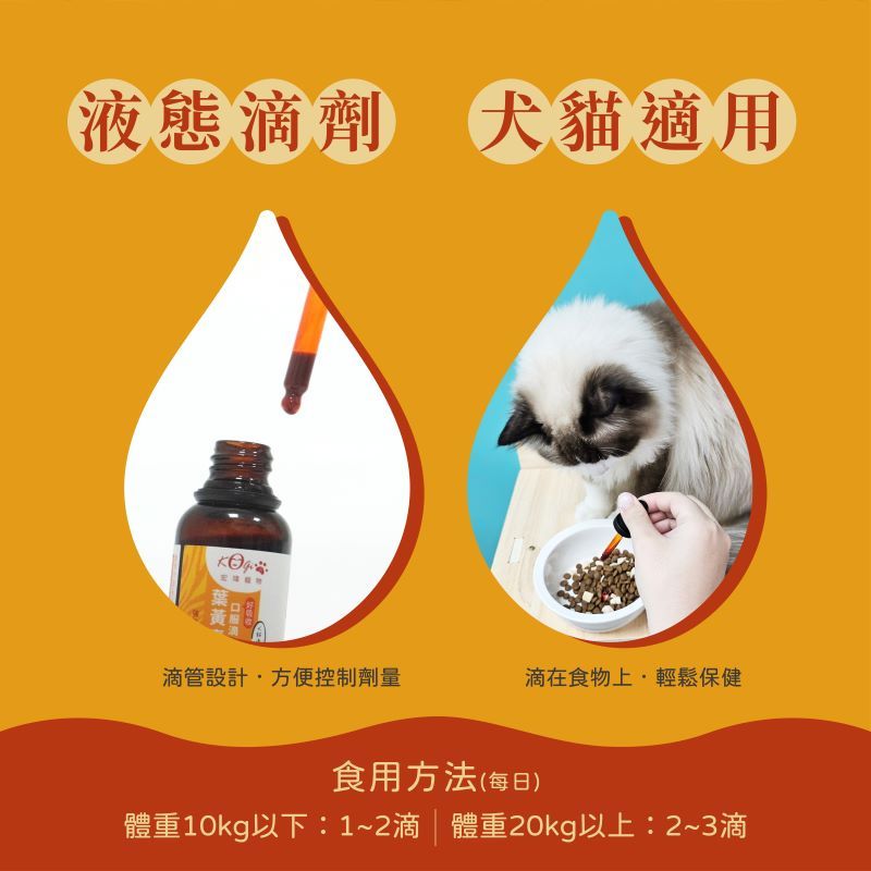 液態滴劑 犬貓適用滴管設計方便控制劑量滴在食物上輕鬆保健食用方法(每日)體重10kg以下:1~2滴 體重20kg以上:2~3滴