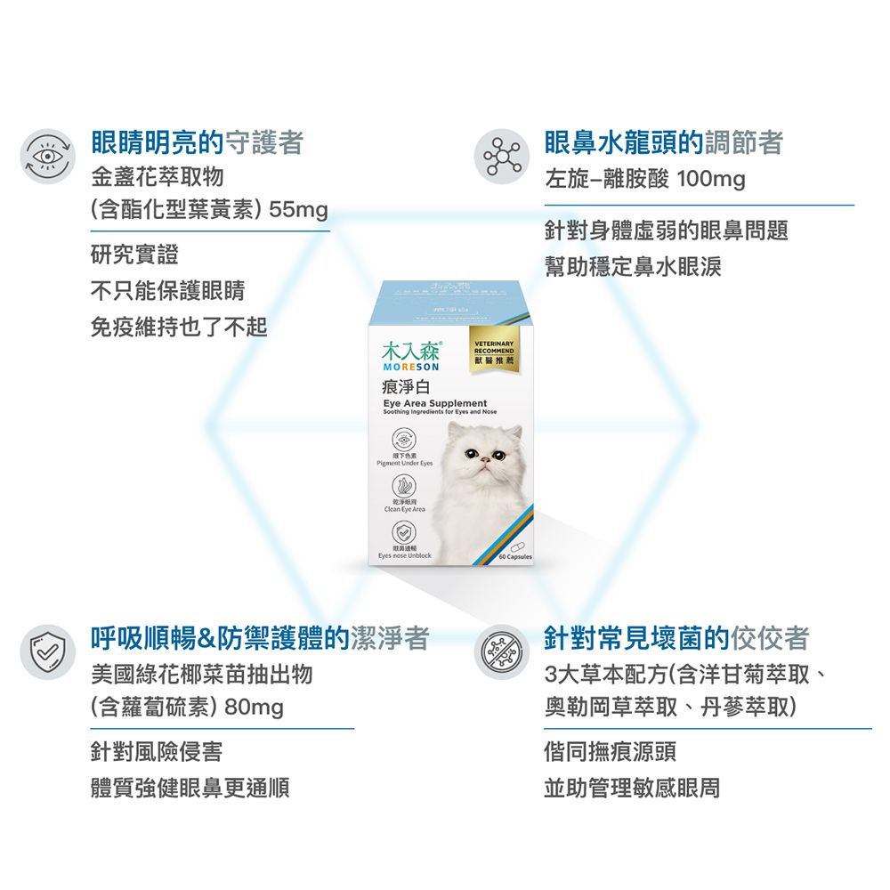 眼睛明亮的守護者金盞花萃取物(含酯化型葉黃素)55mg研究實證不只能保護眼睛免疫維持也了不起木入森MORESON痕淨白VETERINARYRECOMMEND醫推薦  SupplementSoothing Ingredients for Eyes and Nose眼鼻水龍頭的調節者左旋離胺酸 100mg針對身體虛弱的眼鼻問題幫助穩定鼻水眼淚Pigment Under EyesClean Eye Area nose Unblock Capsules  呼吸順暢&防禦護體的潔淨者美國綠花椰菜抽出物(含蘿蔔硫素)80mg針對風險侵害體質強健眼鼻更通順針對常見壞菌的佼佼者3大草本配方(含洋甘菊萃取、奧勒岡草萃取、丹蔘萃取)偕同撫痕源頭並助管理敏感眼周