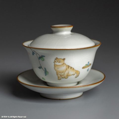 【FEW fu】仿古汝窯陶瓷貓咪蓋碗 - 150ml (茶杯、水杯、咖啡杯)