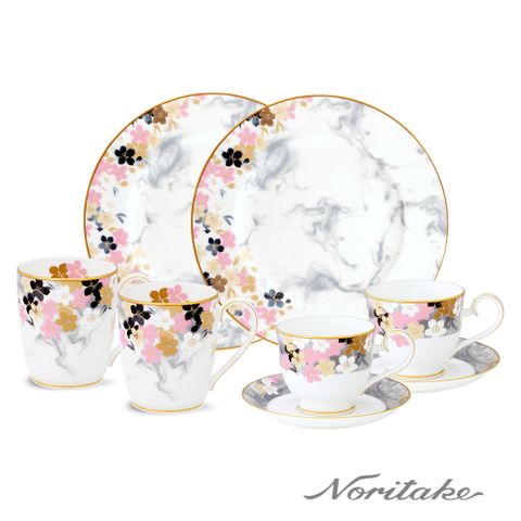 【Noritake】月影浮花雙人下午茶6件組(咖啡杯/馬克杯/圓盤)-骨瓷