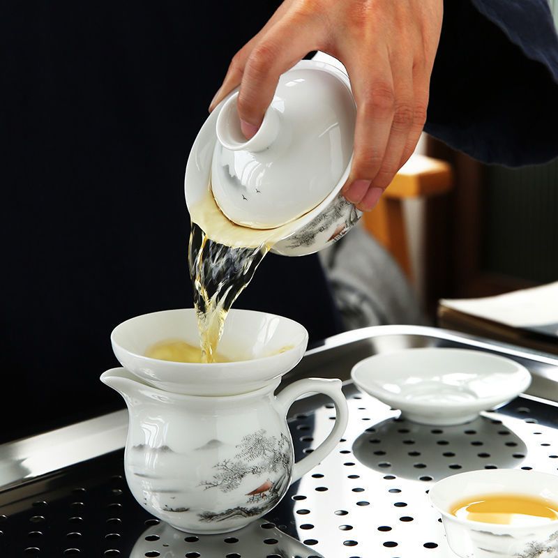  加厚不鏽鋼中號茶盤 12頭陶瓷茶具組 功夫茶具 茶杯盤組 瀝水盤 托盤 茶盤 茶具組