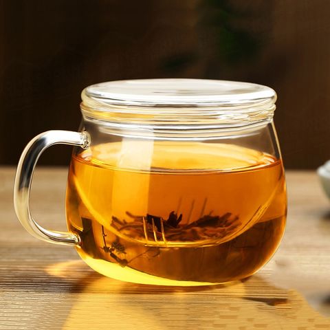 帶蓋透明圓趣杯350ml 玻璃加厚泡茶杯 茶葉分離過濾式辦公杯圓杯 耐熱茶隔茶漏水杯馬克杯
