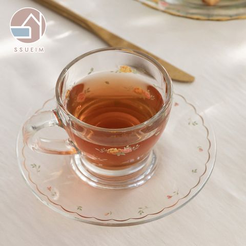 【韓國SSUEIM】古典玫瑰系列玻璃咖啡杯盤2件組180ml