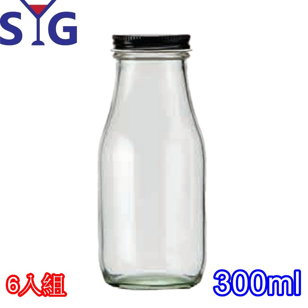 SYG 玻璃方形隨身水瓶果汁瓶300cc-黑色蓋子-6入組