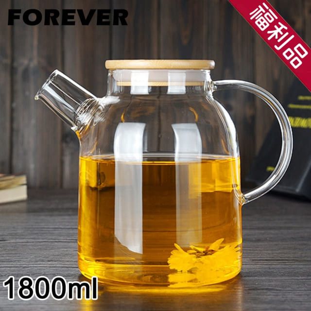 FOREVER 鋒愛華 【日本】日式竹蓋耐熱玻璃把手花茶壺1800ML-福利品