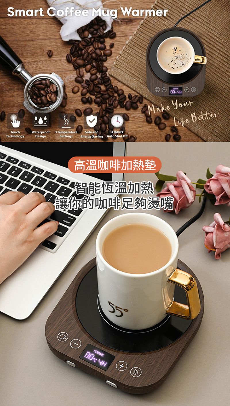 Smart Coffee Mug WarmerSafe andTouchTechnologyWaterproofDesign3 Temperature4 HoursSettingsEnergy Saving Auto Shut Off④ Make 高溫咖啡加熱墊智能恆溫加熱 Better&讓你的咖啡足夠燙嘴)55CERAMIC+