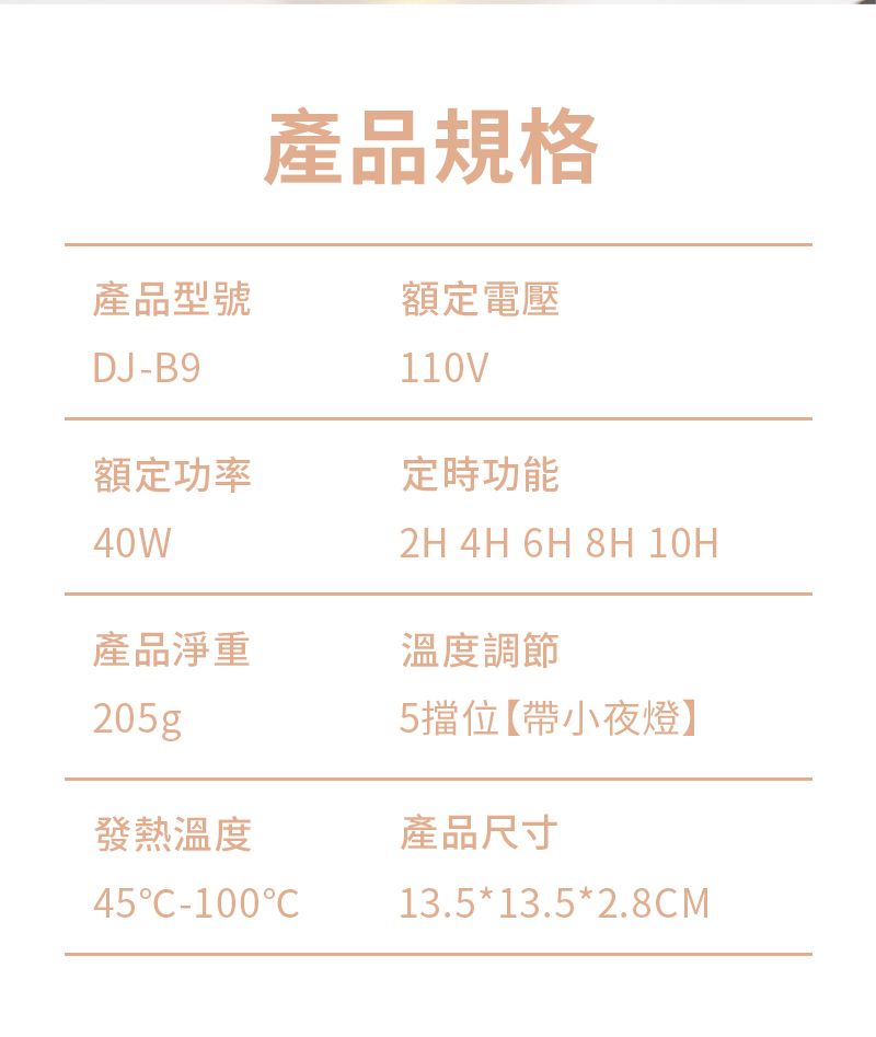 產品型號DJ-B9產品規格額定電壓110V額定功率定時功能40W2H 4H 6H 8H 10H產品淨重溫度調節205gp5擋位【帶小夜燈】發熱溫度產品尺寸45C-100C13.5*13.5*2.8CM