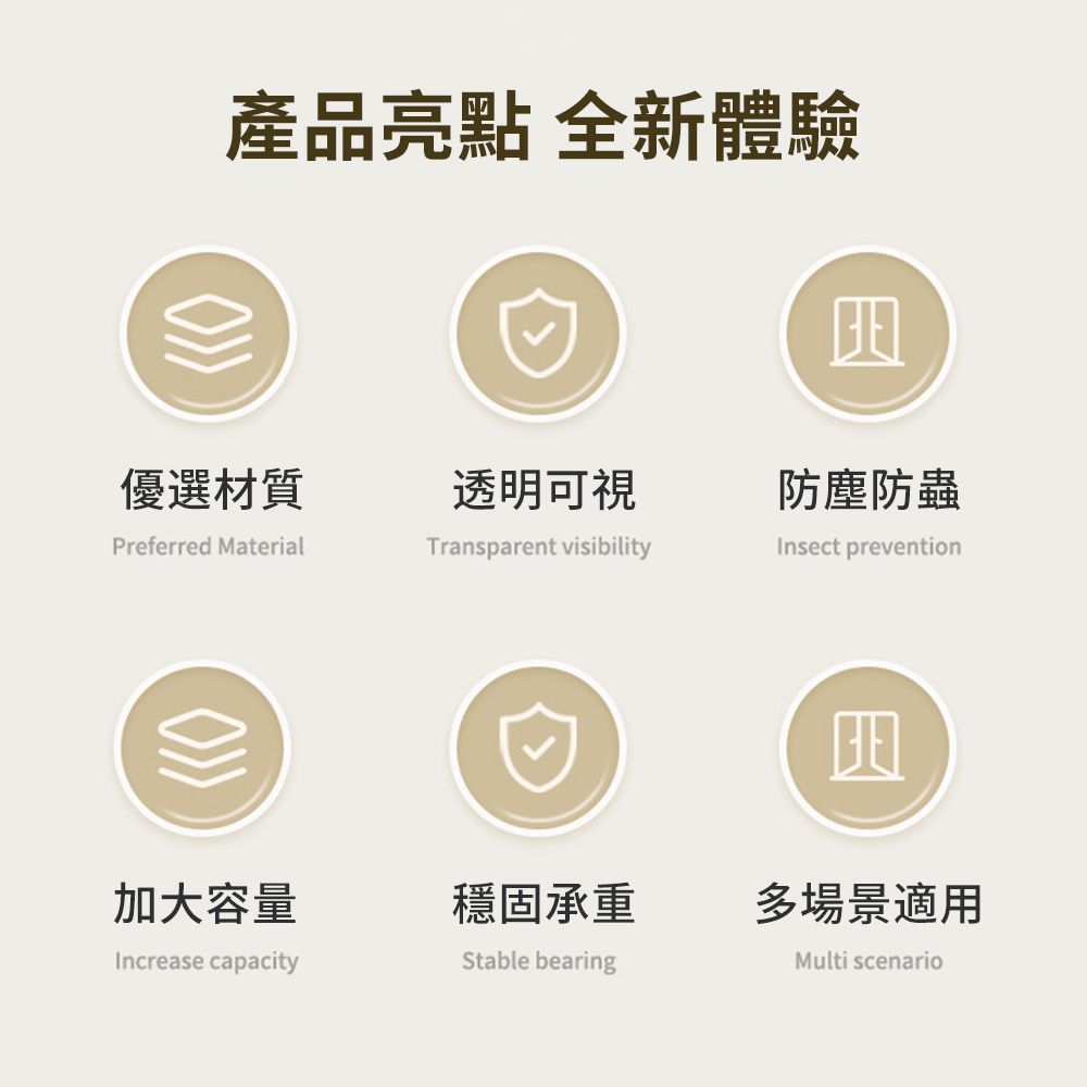 產品亮點 全新體驗優選材質透明可視防塵防蟲Preferred MaterialTransparent visibilityInsect prevention加大容量穩固承重多場景適用Increase capacityStable bearingMulti scenario