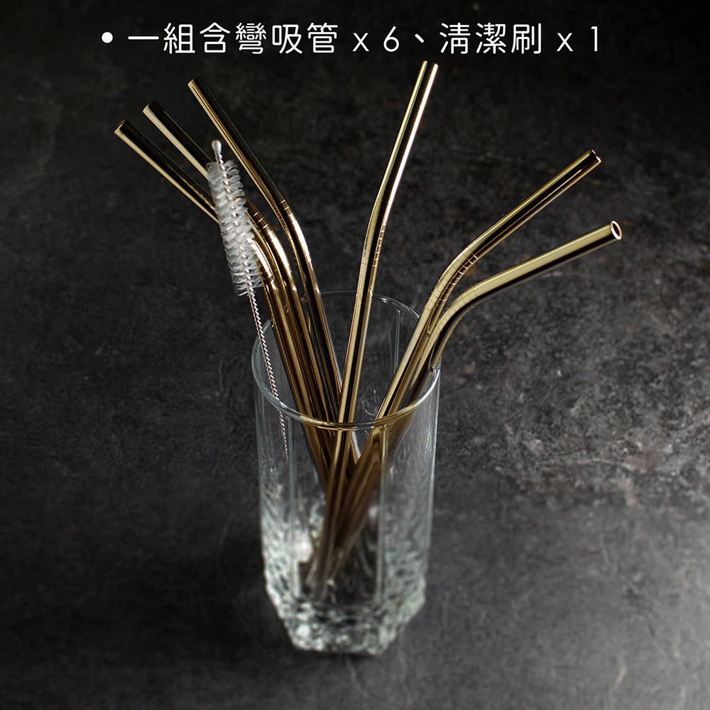 Taylors Eye Witness 《TaylorsEye》清潔刷+不鏽鋼彎吸管6入(銅21cm) | 環保吸管 飲料杯 手搖杯 吸管刷