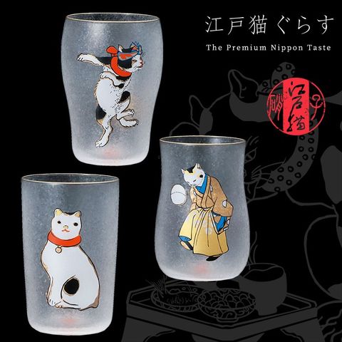 ADERIA 日本江戶貓啤酒杯禮盒 精裝木盒/3入 浮世繪霧面玻璃杯(啤酒杯)