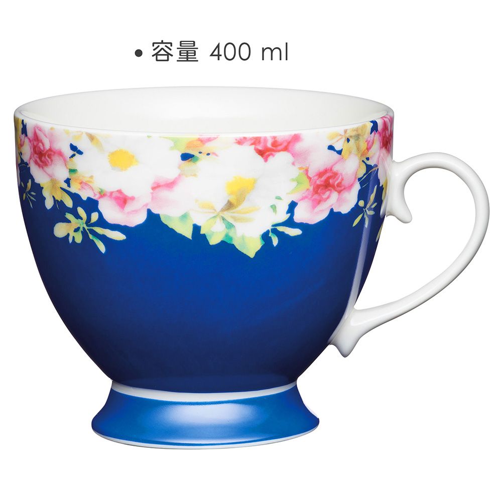 KitchenCraft 高腳骨瓷馬克杯(花圈藍400ml) | 水杯 茶杯 咖啡杯