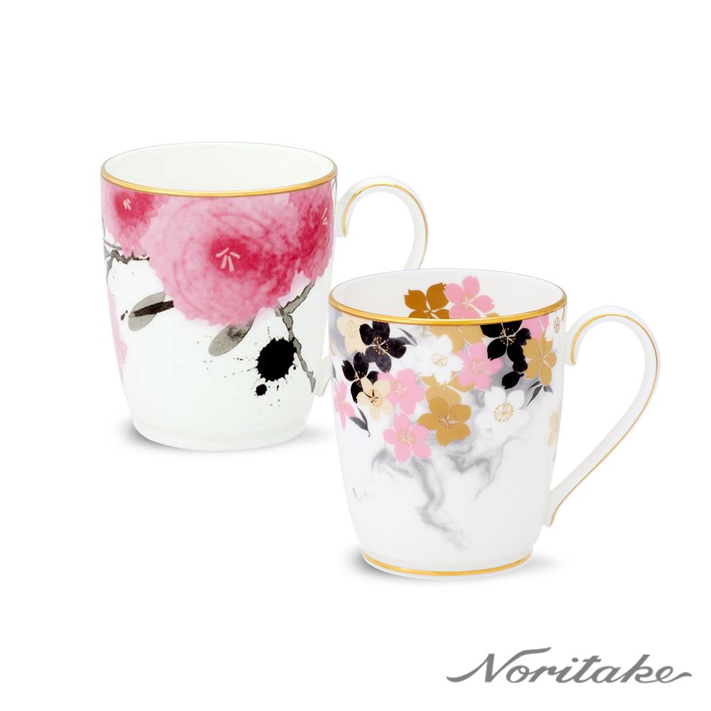 Noritake 粉嫩花漾骨瓷下午茶馬克杯組(月影浮花/紅纓花瓣)