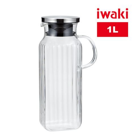 【iwaki】日本品牌不鏽鋼系列方形耐熱玻璃水壺(把手款)-1L