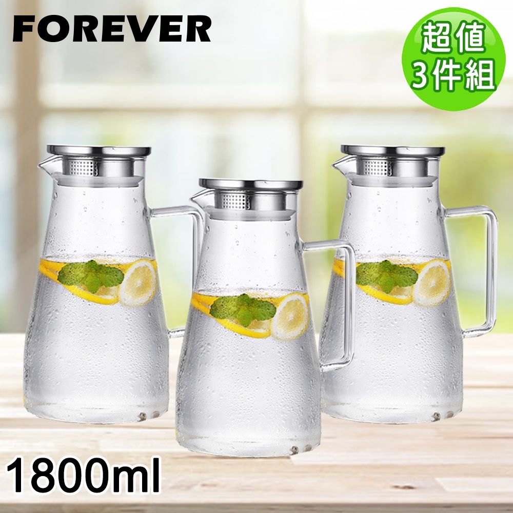 FOREVER 鋒愛華 【日本】耐熱玻璃把手水壺1800ML-3入組