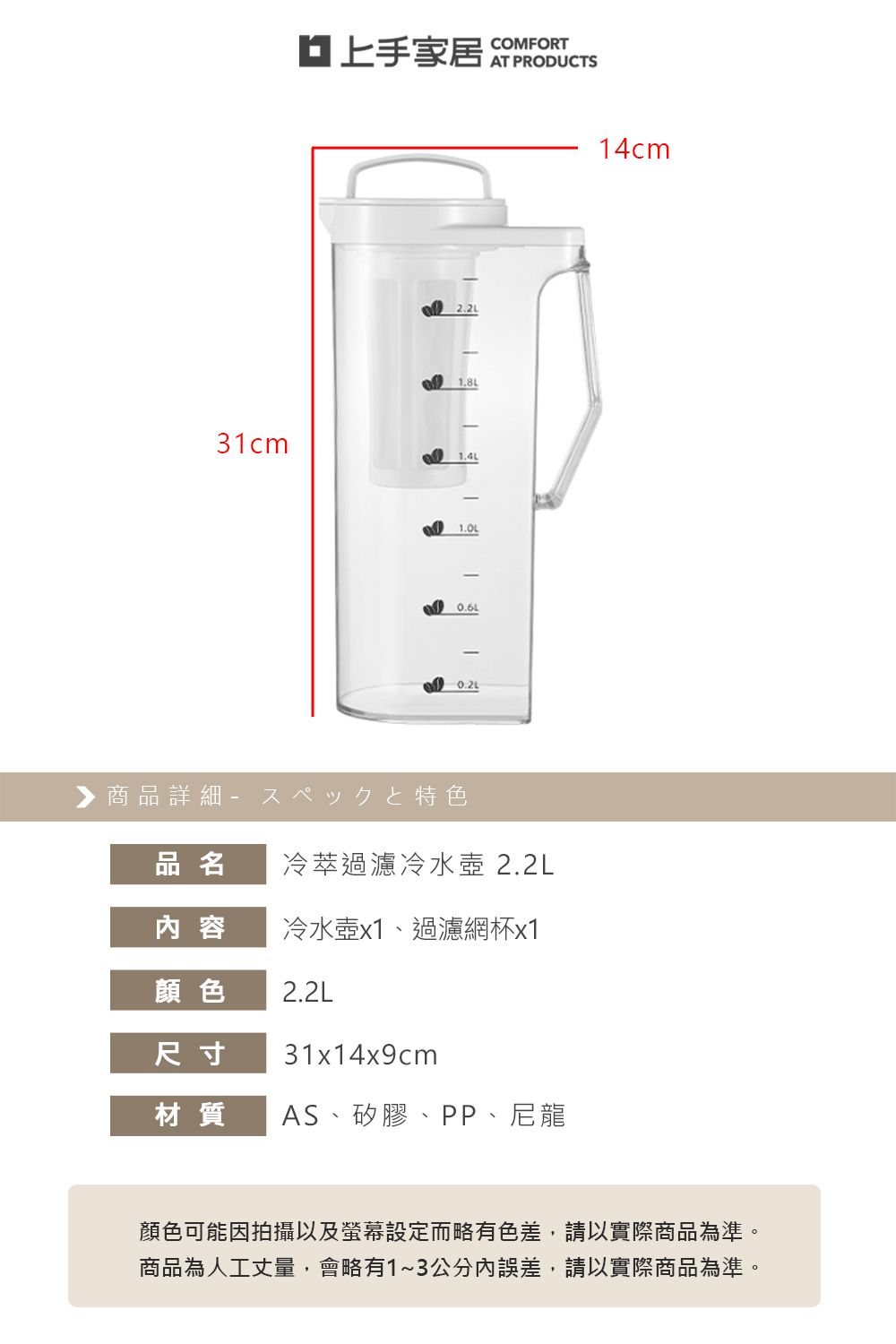 31cm家居COMFORT2.2L1.8L1.4L▶商品詳細特色品名 冷萃過濾冷水壺 2.2L容冷水壺x1、過濾網杯x1顏色2.2L尺寸31x14x9cm材質AS、矽膠、PP、尼龍14cm顏色可能因拍攝以及螢幕設定而略有色差,請以實際商品為準。商品為人工丈量,會略有1~3公分內誤差,請以實際商品為準。