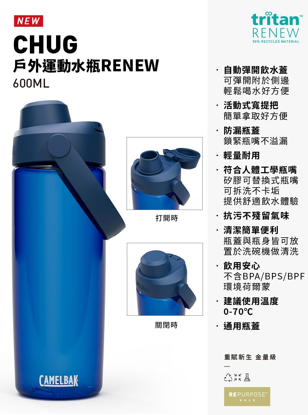 NEWHUG戶外運動水瓶RENEW600MLtritan RENEW50% RECYCLED MATERIAL自動彈開飲水蓋可彈開附於側邊輕鬆喝水好方便CAMELBAK活動式寬提把簡單拿取好方便防漏瓶蓋鎖緊瓶嘴不溢漏輕量耐用符合人體工學瓶嘴矽膠可替換式瓶嘴可拆洗不卡垢提供舒適飲水體驗打開時抗污不殘留氣味清潔簡單便利關閉時瓶蓋與瓶身皆可放置於洗碗機做清洗飲用安心不含BPA/BPS/BPF環境荷爾蒙建議使用溫度0-70C通用瓶蓋重賦新生 金量級REPURPOSEGOLD